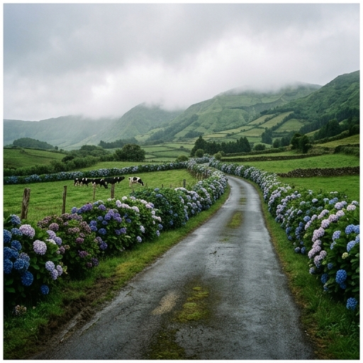 Sebes silvestres de hortênsias azuis ao longo de estrada rural dos Açores, com pastagens e neblina baixa.