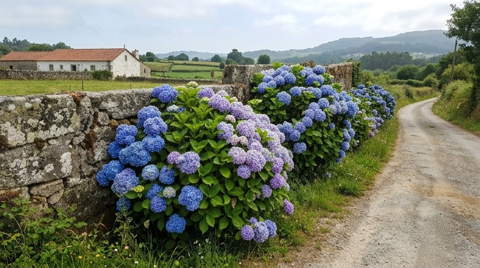 Sebe de hortênsias (Hydrangea macrophylla) azuis junto a muro de granito numa estrada rural do Minho.