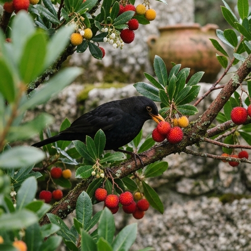 Jardim Amigo das Aves: Alimento, Água e Abrigo 7 Melro (Turdus merula) entre os frutos vermelhos de um medronheiro (Arbutus unedo) no outono.