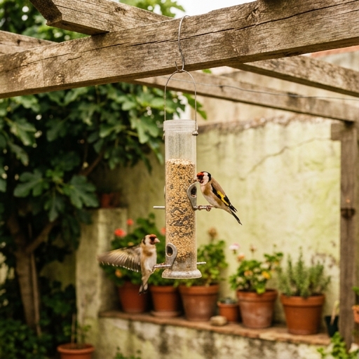 Jardim Amigo das Aves: Alimento, Água e Abrigo 8 Pintassilgo (Carduelis carduelis) num comedouro suspenso com sementes de girassol num jardim português.