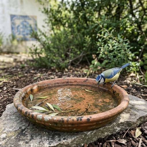 Jardim Amigo das Aves: Alimento, Água e Abrigo 9 Chapim-azul (Cyanistes caeruleus) a beber num prato de barro raso usado como bebedouro de jardim.