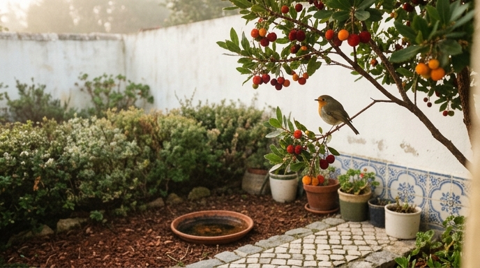 Pisco-de-peito-ruivo (Erithacus rubecula) pousado num ramo de medronheiro num jardim português ao amanhecer.