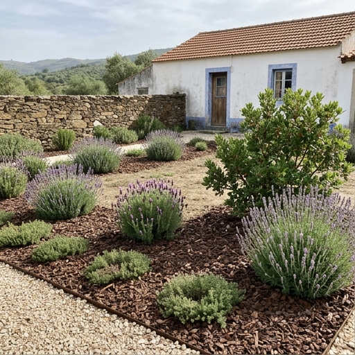 Jardim de Fim de Semana: Beleza com Pouco Tempo 6 Canteiros largos com alfazema, alecrim e gravilha entre uma casa caiada alentejana e um caminho de terra.