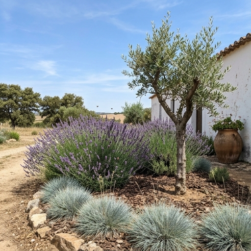 Jardim de Fim de Semana: Beleza com Pouco Tempo 7 Bordadura com festuca azul, alfazema florida e uma oliveira jovem em quintal rural português.