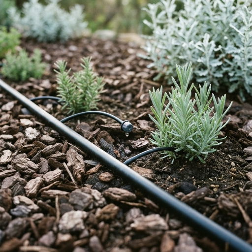 Jardim de Fim de Semana: Beleza com Pouco Tempo 8 Tubo de rega gota-a-gota de 16 mm e emissores junto à base de uma lavanda jovem, sobre mulch de casca de pinheiro.