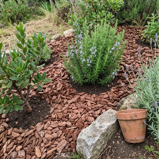 Jardim de Fim de Semana: Beleza com Pouco Tempo 9 Canteiro com camada espessa de casca de pinheiro em torno de alecrim e medronheiro, com pedra calcária ao lado.