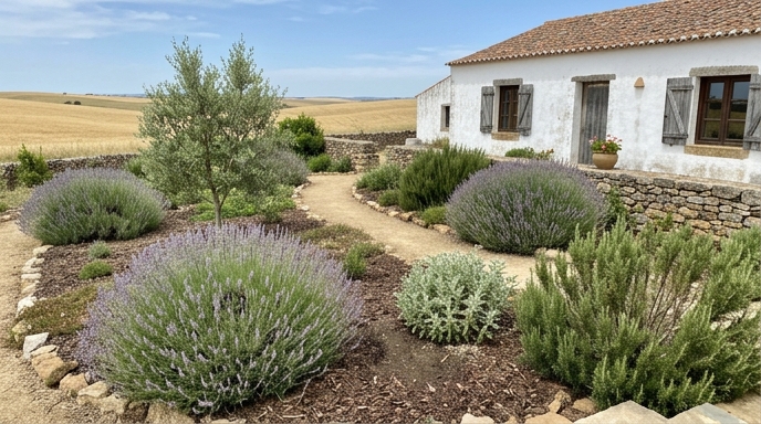 Jardim rural alentejano de baixa manutenção com alfazema, alecrim e oliveira em canteiros com mulch e gravilha.