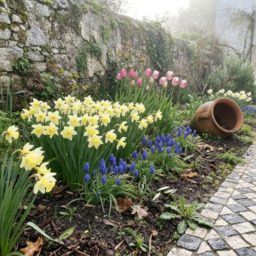 Tapete de narcisos (Narcissus pseudonarcissus) e jacintos-de-uva (Muscari armeniacum) num canteiro português de primavera