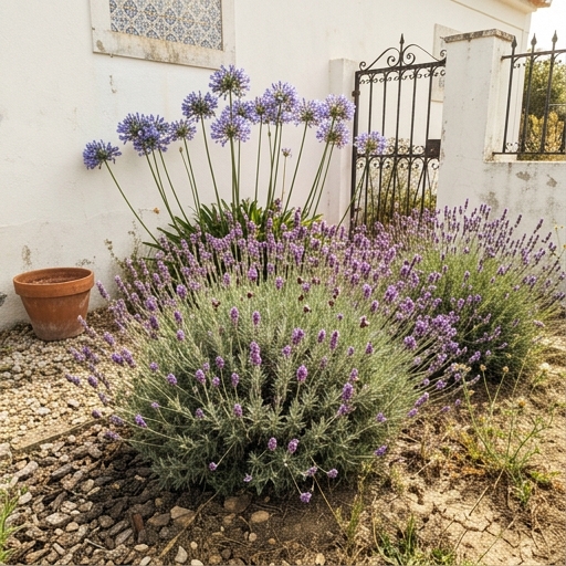 Lavanda (Lavandula angustifolia) e agapanto (Agapanthus africanus) em flor num canteiro português de verão sob sol intenso