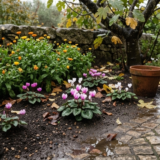 Ciclâmen (Cyclamen hederifolium) rosa e calêndula (Calendula officinalis) num canteiro português de outono