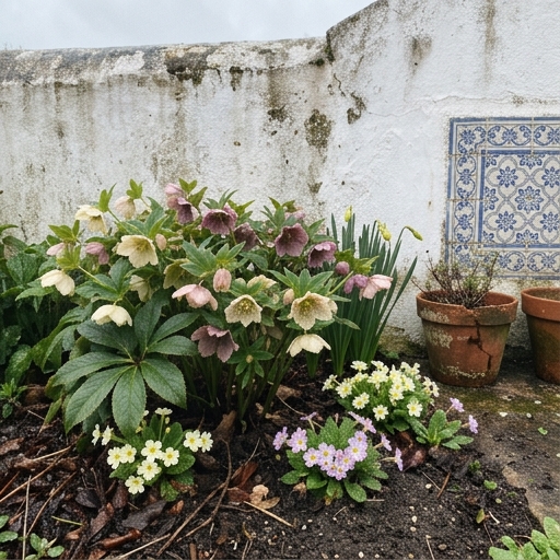 Helébora (Helleborus orientalis) e prímulas (Primula vulgaris) em flor num canteiro de inverno num jardim português