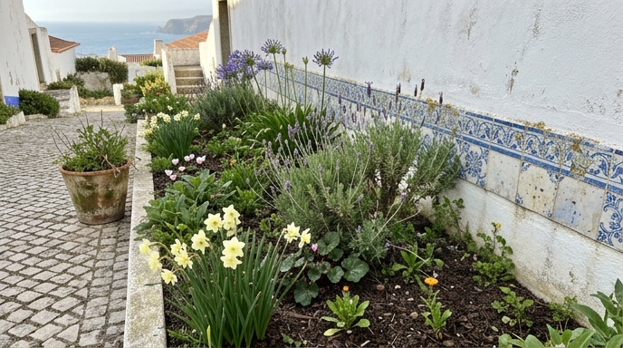 Canteiro português em camadas com narcisos, lavanda (Lavandula angustifolia) e agapantos junto a parede caiada
