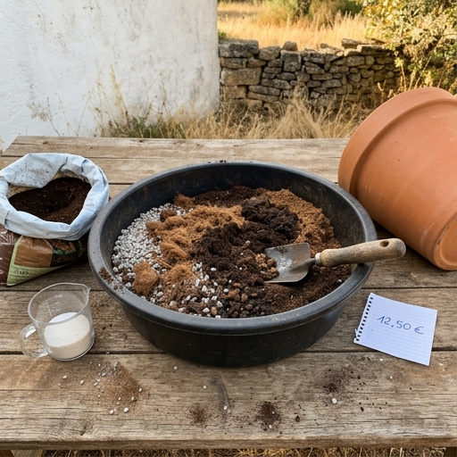 Mistura de substrato com fibra de coco, pumice e composto a ser preparada numa tina sobre mesa de madeira.
