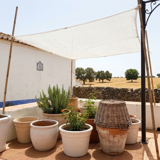 Rede de sombreamento branca esticada acima de vasos claros num terraço alentejano ao meio-dia.
