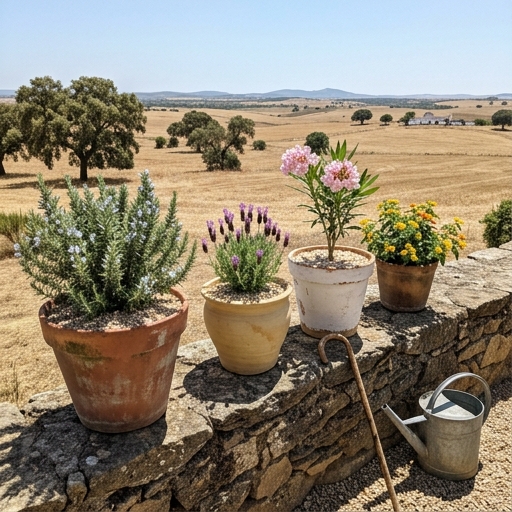 Conjunto de vasos com alecrim (Salvia rosmarinus), rosmaninho (Lavandula stoechas) e loendro (Nerium oleander) ao sol.
