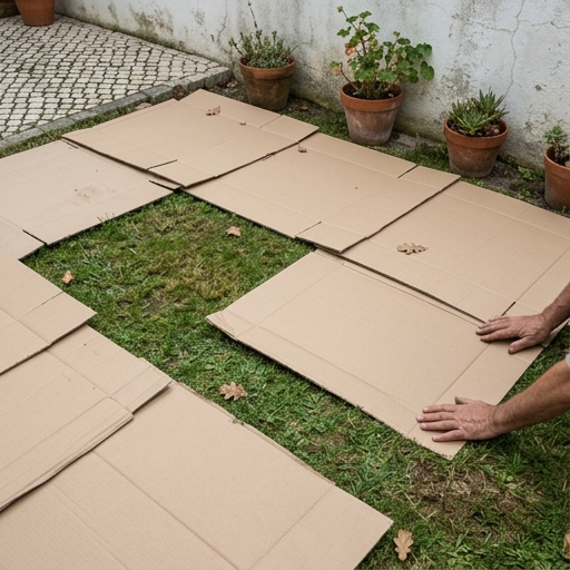 Folhas de cartão kraft ondulado sobrepostas sobre relva de quintal, prontas para iniciar canteiro no-dig.