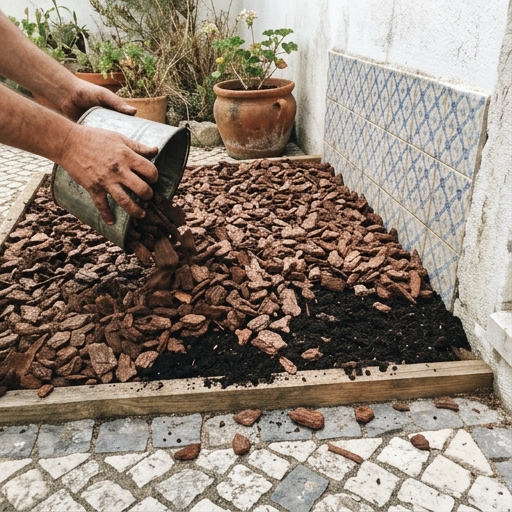 Camada espessa de mulch de casca de pinheiro a cobrir o composto num canteiro no-dig.