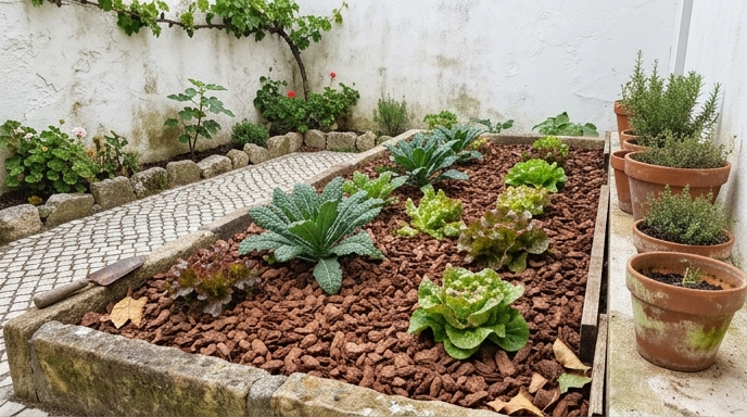 Canteiro no-dig maduro num quintal português com camada espessa de composto e mulch de casca de pinheiro.