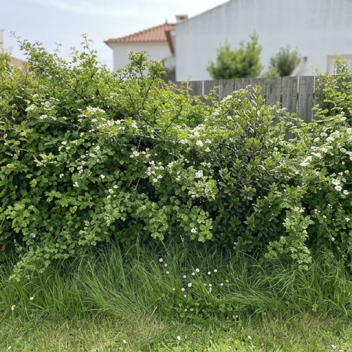 Sebe nativa de pilriteiro com faixa de relva alta ao longo do limite do jardim.