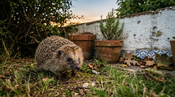 Ouriço-cacheiro (Erinaceus europaeus) ao crepúsculo junto a uma sebe de pilriteiro num jardim português.