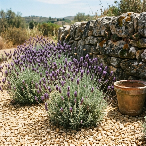 Maciço de alfazema (Lavandula angustifolia) em plena floração sobre gravilha calcária ocre num jardim do sul de Portugal.