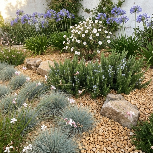 Composição em três camadas com agapanto, rosmaninho, festuca azul, gaura e cistus sobre gravilha calcária.