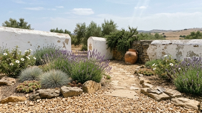 Jardim mediterrânico de gravilha calcária ocre com alfazema (Lavandula angustifolia) em flor e muro caiado ao fundo.