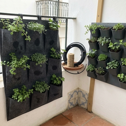 Jardins Verticais para Apartamentos: Paredes Verdes em Espaços Pequenos 7 Bolsos de feltro suspensos e painel modular rígido numa varanda portuguesa, com plantas pequenas plantadas em cada compartimento.