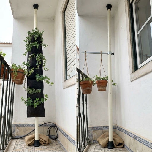 Jardins Verticais para Apartamentos: Paredes Verdes em Espaços Pequenos 8 Barra de tensão vertical entre chão e tecto numa varanda de apartamento arrendado, a sustentar bolsos de feltro com plantas sem furar a parede.