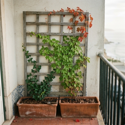 Jardins Verticais para Apartamentos: Paredes Verdes em Espaços Pequenos 9 Parreirinha-de-virgínia (Parthenocissus tricuspidata) a subir por uma treliça de madeira numa varanda, com hera-comum (Hedera helix) ao lado.