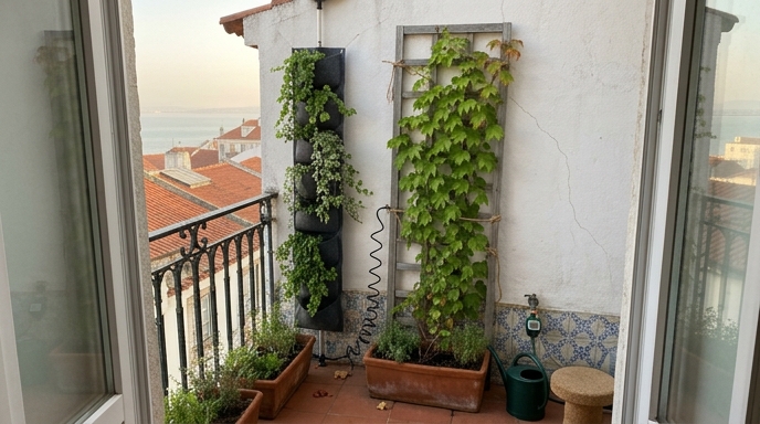 Parede verde numa varanda pequena de apartamento em Lisboa, com bolsos de feltro e treliça de madeira coberta de parreirinha-de-virgínia (Parthenocissus tricuspidata).