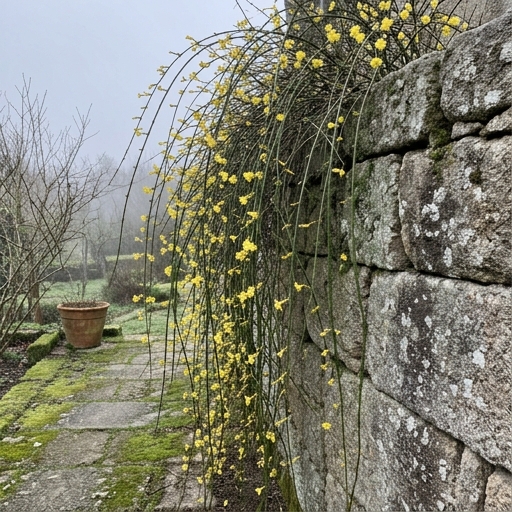 Jasmim-de-inverno (Jasminum nudiflorum) com flores amarelas em cascata sobre muro de pedra de granito.
