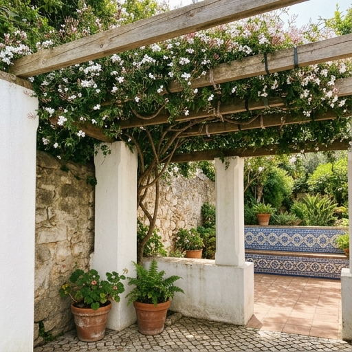 Jasmim-comum a cobrir uma pérgola de madeira num quintal português, com ramos guiados na horizontal.