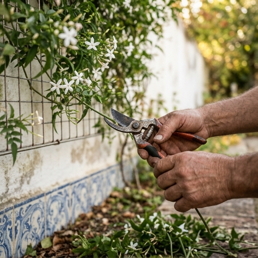 Mãos com tesoura de poda a cortar um ramo florido de jasmim-comum num jardim de Lisboa.