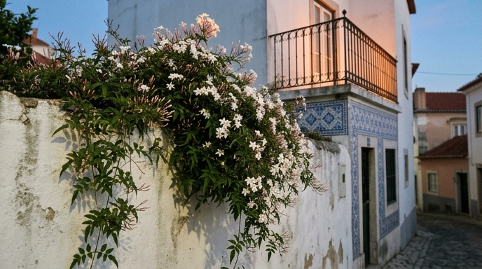 Jasmim-comum (Jasminum officinale) em flor sobre muro caiado, ao anoitecer, num pátio de Lisboa.