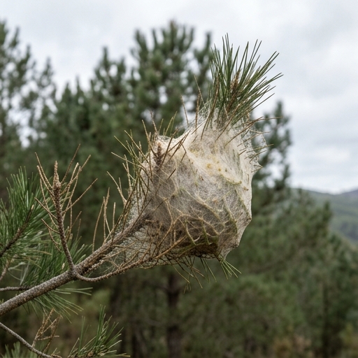 Pormenor de ninho de seda da processionária (Thaumetopoea pityocampa) na copa de um pinheiro em Portugal.