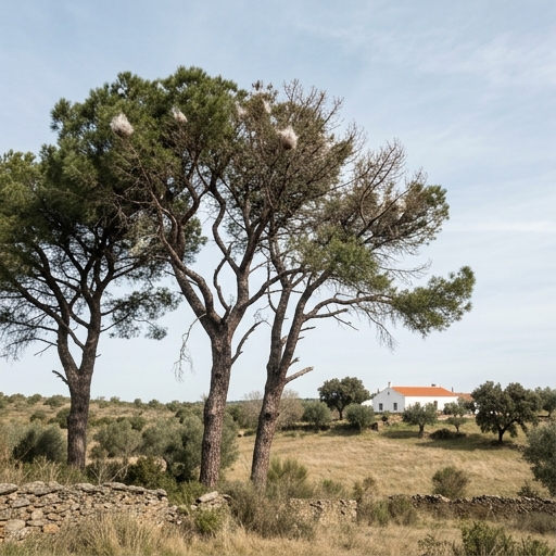 Pinheiros com vários ninhos de processionária e ramos desfolhados, observados à distância numa paisagem interior portuguesa.