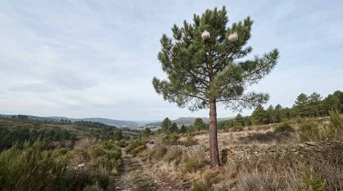 Pinheiro-bravo (Pinus pinaster) com ninho de seda branca da processionária na copa, num pinhal do interior português.