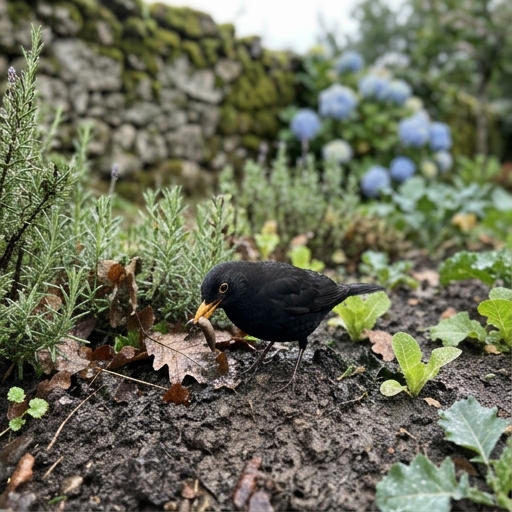 Melro (Turdus merula) num canteiro de horta a procurar lesmas no solo húmido.