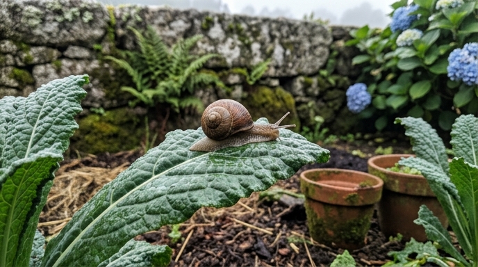 Caracol-comum (Cornu aspersum) numa folha de couve-galega molhada, horta minhota ao amanhecer.