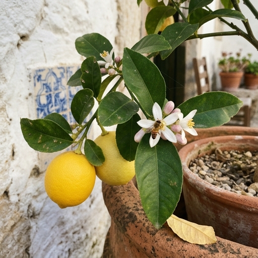 Limões 'Meyer' (*Citrus meyeri*) maduros e flores brancas num ramo de limoeiro em vaso num pátio português.