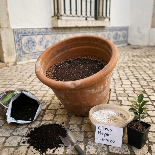 Vaso grande de barro com substrato drenante e camada de argila expandida pronto para envasar um limoeiro.