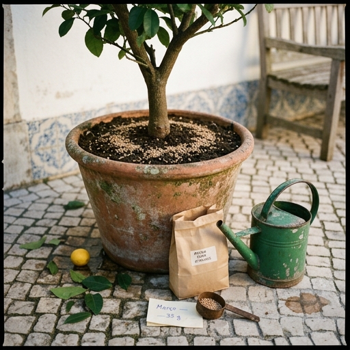 Adubo granulado para citrinos e regador junto a um vaso de limoeiro num pátio com azulejos.