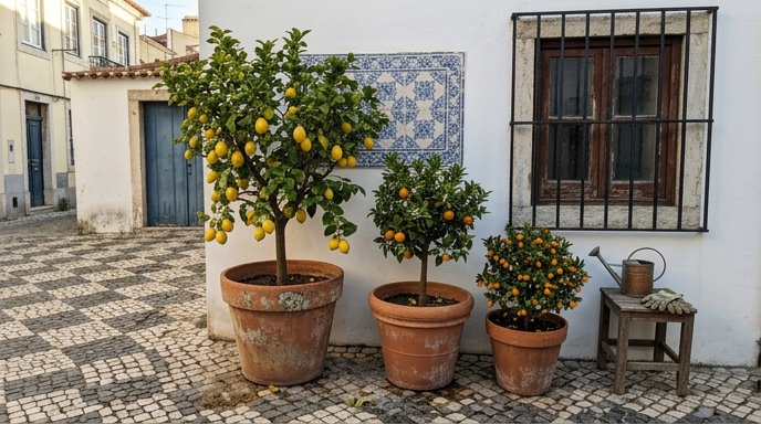 Limoeiro (*Citrus limon*) e laranjeira-anã em vasos de terracota num pátio lisboeta com azulejos azuis e brancos.