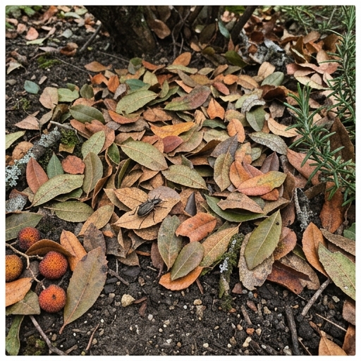 Folhada coriácea de medronheiro (Arbutus unedo) acumulada sob a copa de uma árvore num jardim português.
