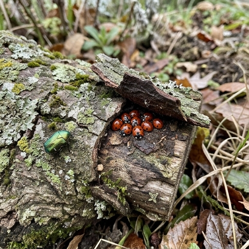 Joaninhas de sete pontos (Coccinella septempunctata) sob a casca solta de um tronco em decomposição num jardim.