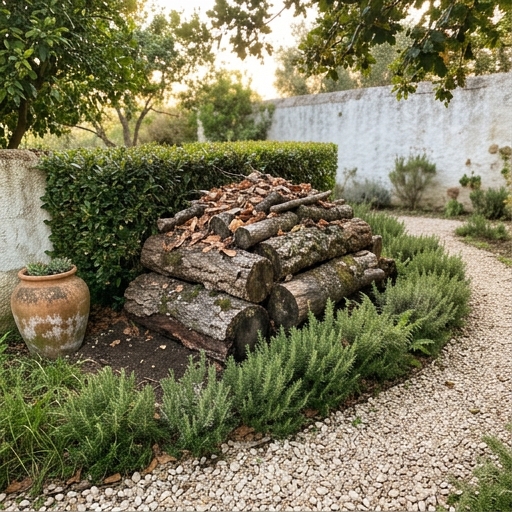 Pilha intencional de troncos de carvalho e pinheiro manso num canto sombreado de um jardim em Portugal.
