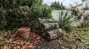 Canto de jardim em Lisboa com pilha de troncos de carvalho e folhada acumulada sob uma sebe.