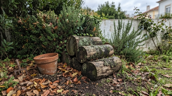 Canto de jardim em Lisboa com pilha de troncos de carvalho e folhada acumulada sob uma sebe.