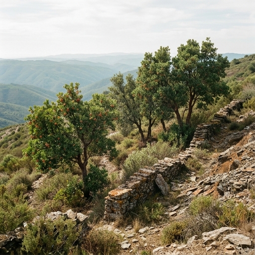 Medronheiros silvestres em encosta de xisto na Serra de Monchique, vegetação autóctone portuguesa.